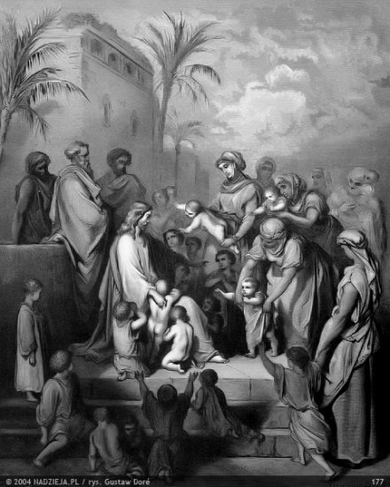 Grafiki Gustawa Dor do Biblii Jakuba Wujka - 177 Jezus błogosławi dziatki Ś. Marek 10,13.jpg
